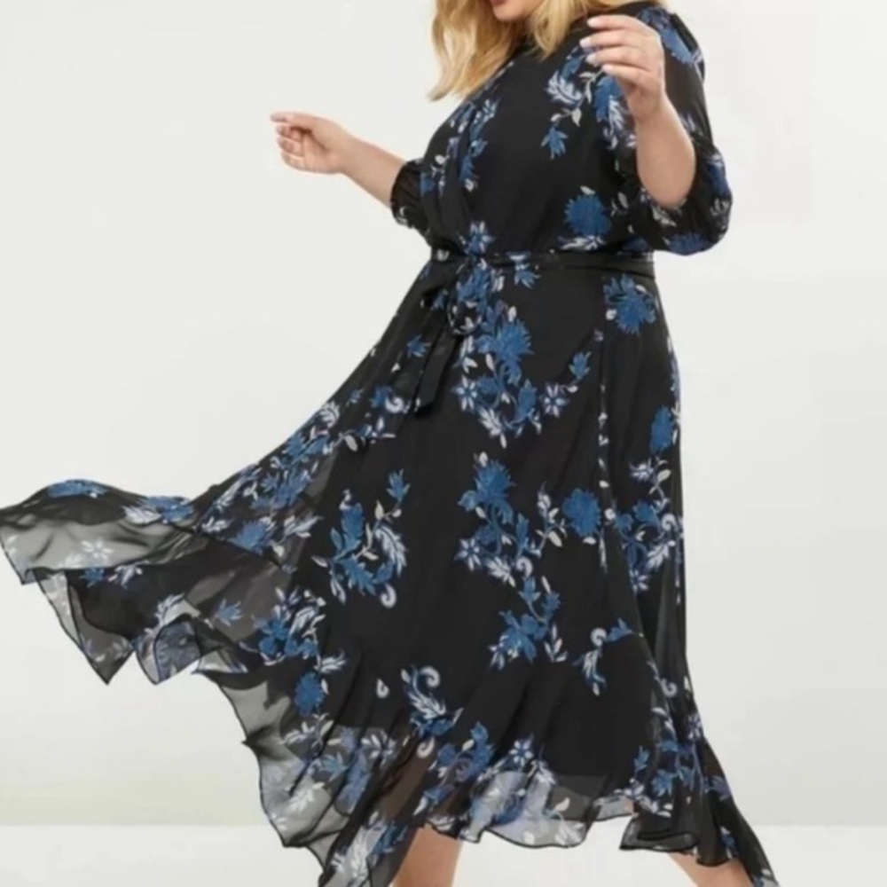 Lane Bryant Dress Midi Floral Asymmetrical Blue Black 14 Cocktail Garden Chic